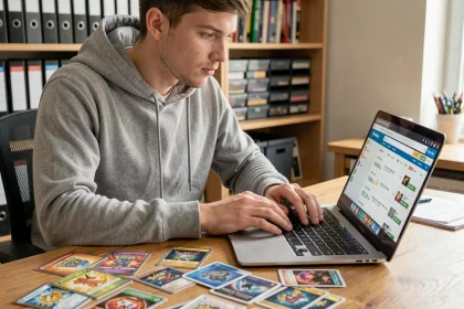 Collectionneur de cartes Pokémon consultant un site de suivi des prix en temps réel sur son ordinateur portable