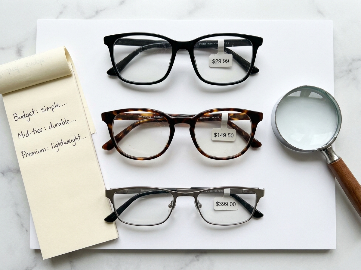 Comparatif de trois paires de lunettes low cost avec étiquettes de prix sur fond blanc dans un contexte journalistique