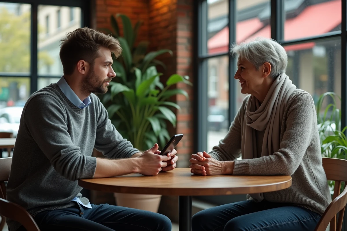 Jeune homme en sweater écoute une cliente dans un café cosy