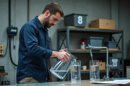 Ingénieur versant de l'eau d'un litre dans un récipient cubique gradué pour illustrer la conversion litre et m3