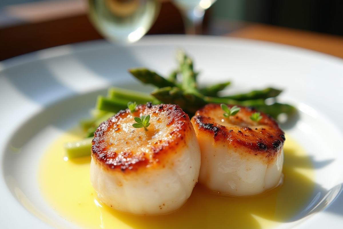 Assiette de coquilles seichees dorées avec sauce citron beurre