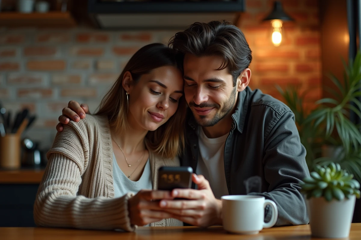 Couple regardant l'heure 05h55 sur un smartphone dans une cuisine chaleureuse, symbolisant l'amour et la connexion spirituelle