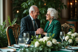 Couple agee main dans la main avec decorations emerald pour anniversaire