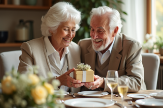 Couple âgé échangeant des cadeaux lors d'une fête d'anniversaire de mariage