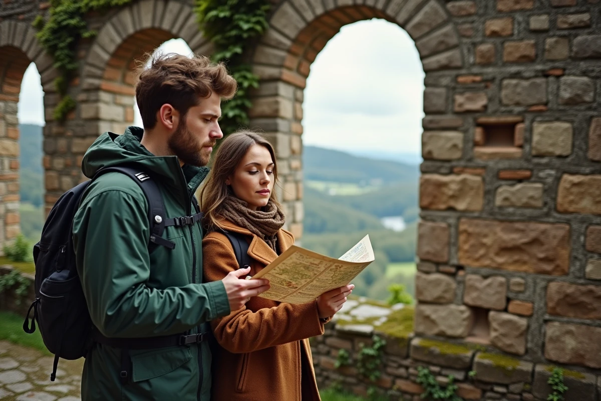 Couple explorant les ruines d'un château médiéval alsacien avec vue panoramique sur les vignes en arrière-plan