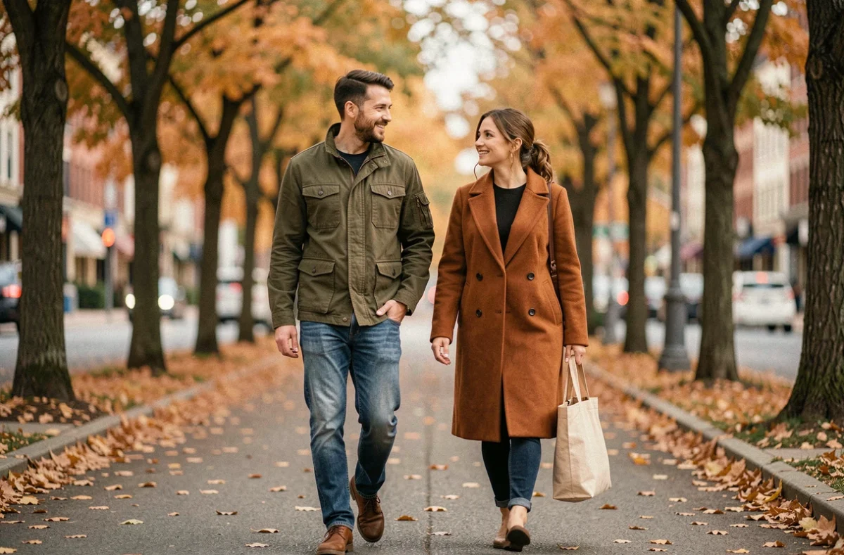 Couple mixte homme cisgenre et femme transgenre se promenant ensemble en automne dans une allée urbaine, image de complicité naturelle et bienveillante