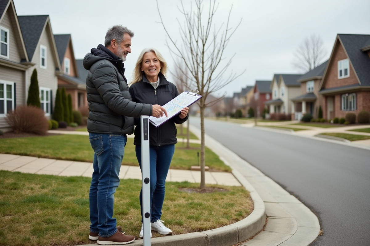 Couple regardant une carte de quartier devant un terrain