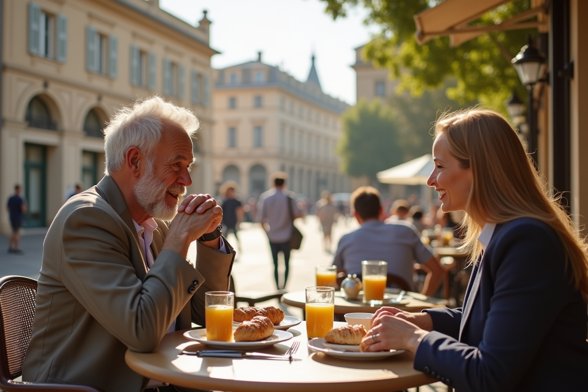 Couple au petit déjeuner sur une terrasse à Montpellier