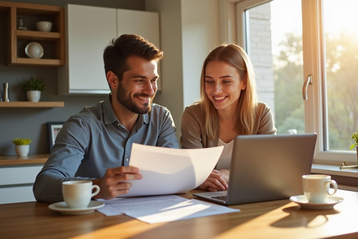 Couple confiant examinant documents de pret immobilier à la maison