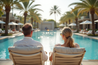 Couple détendu au bord de la piscine de l'hôtel