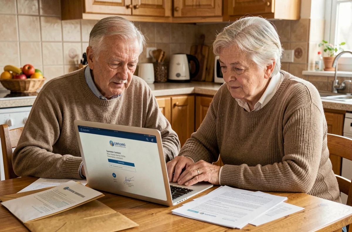 Couple de seniors préparant ensemble leur dossier pour une demande de titre officiel en ligne depuis leur cuisine