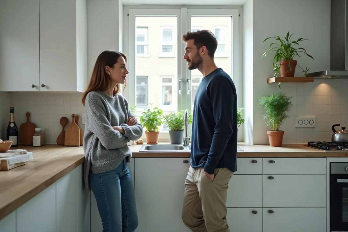 Couple en tension dans une cuisine moderne, distance émotionnelle palpable, illustrant une confrontation silencieuse dans une relation amoureuse compliquée