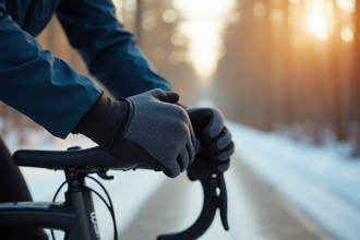 Cycliste ajustant des gants chauffants lors d'une pause en hiver