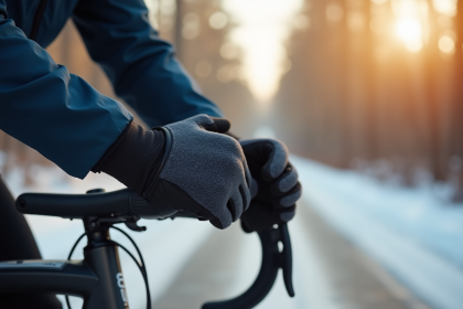Cycliste ajustant des gants chauffants lors d'une pause en hiver