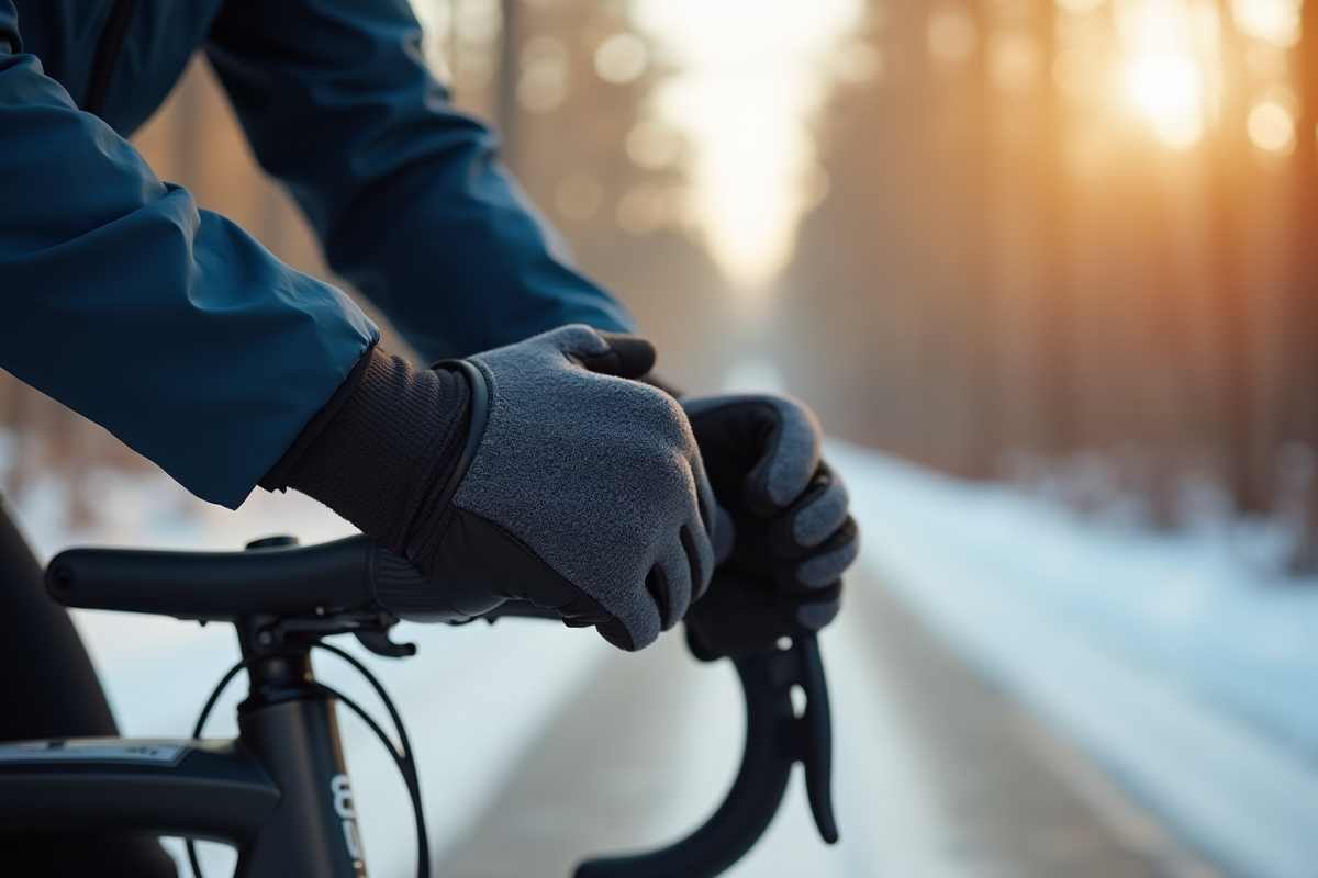 Cycliste ajustant des gants chauffants lors d'une pause en hiver