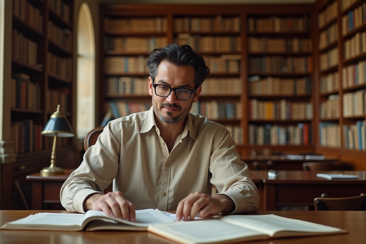 Chercheur aux origines méditerranéennes consulte des transcriptions d'interviews dans une bibliothèque universitaire française, symbolisant l'analyse des prises de parole de David Doukhan