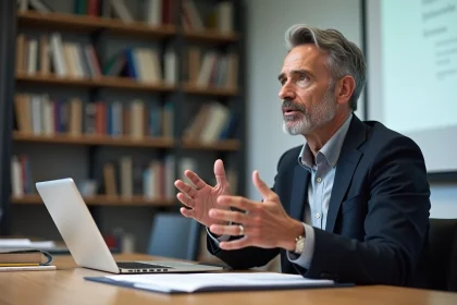 Chercheur français d'origine méditerranéenne prenant la parole lors d'un séminaire académique, illustrant une interview sur les origines et le parcours de David Doukhan