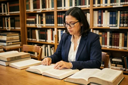 Femme linguiste en bibliothèque universitaire consultant des ouvrages sur la définition paradigmatique en linguistique et philosophie