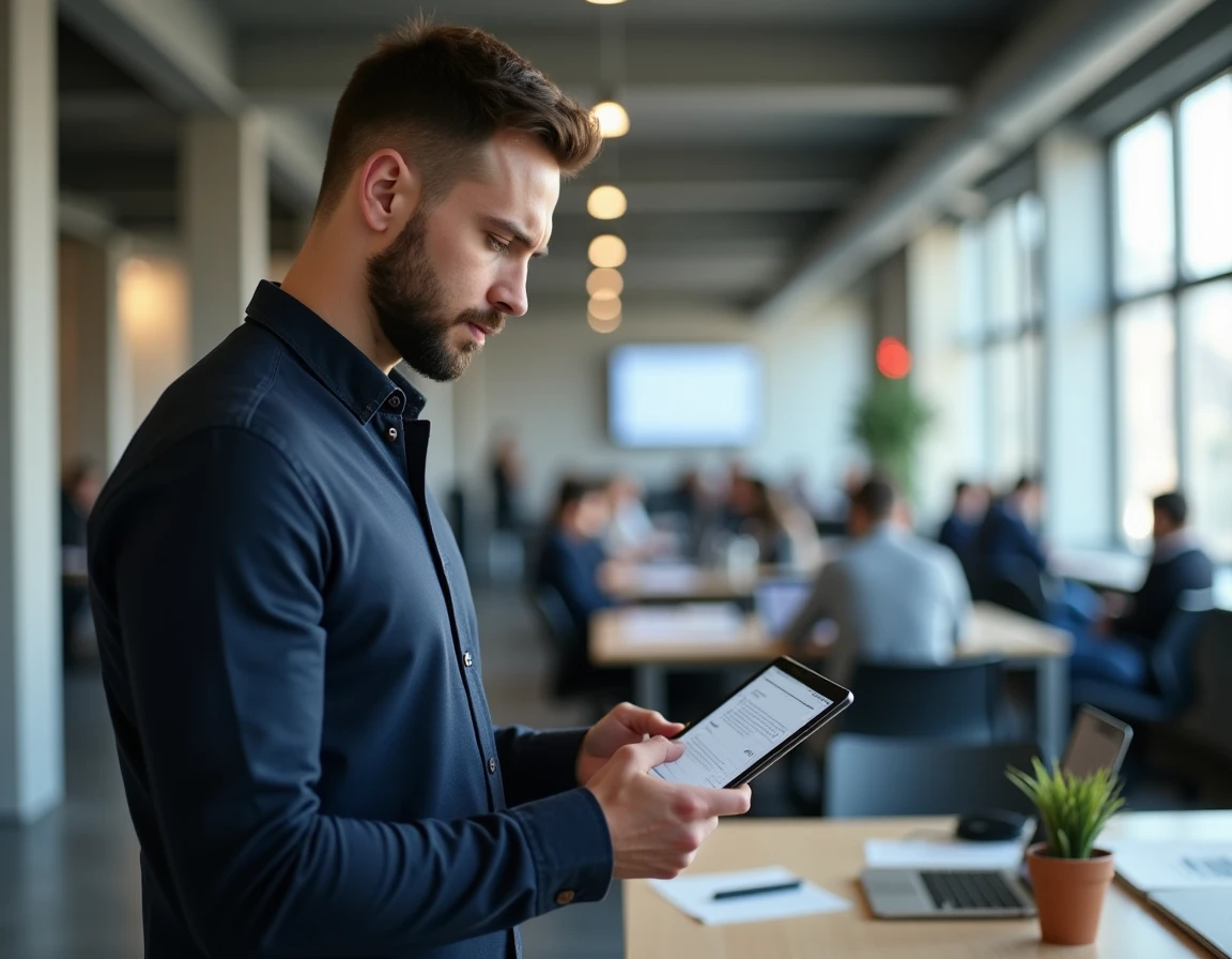 Homme utilisant une tablette pour compléter une demande administrative en ligne dans un espace de coworking moderne