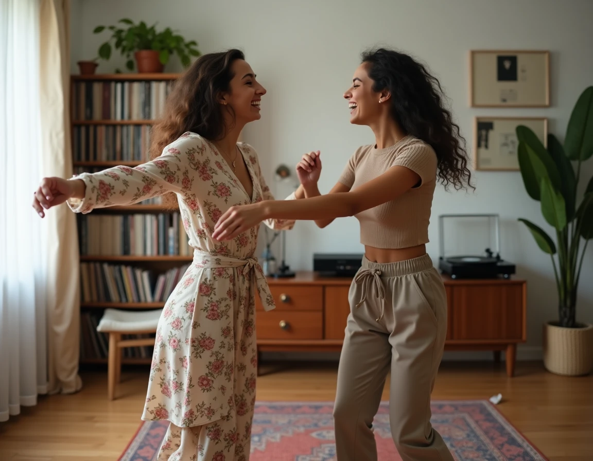 Deux amies dansent face à face dans un salon décoré avec une platine vinyle et des plantes vertes
