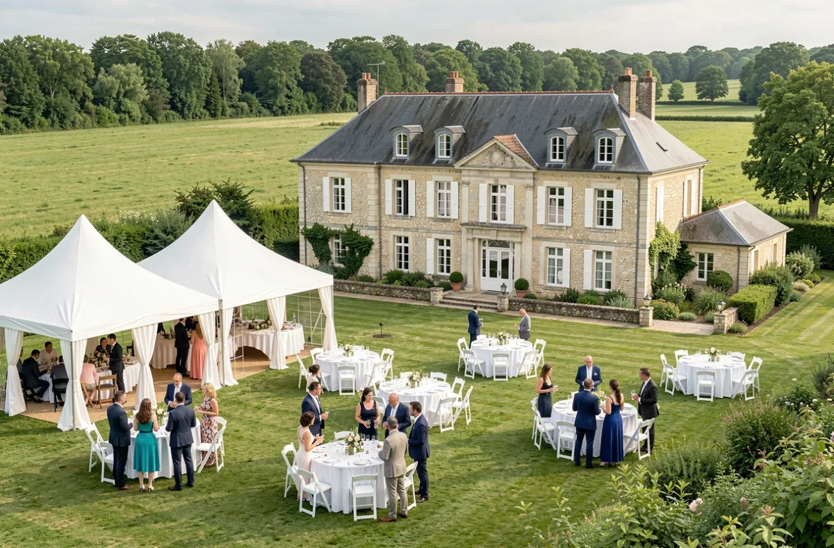 Domaine de la Butte Ronde en Seine-et-Marne avec réception en plein air sous tentes blanches et parc verdoyant