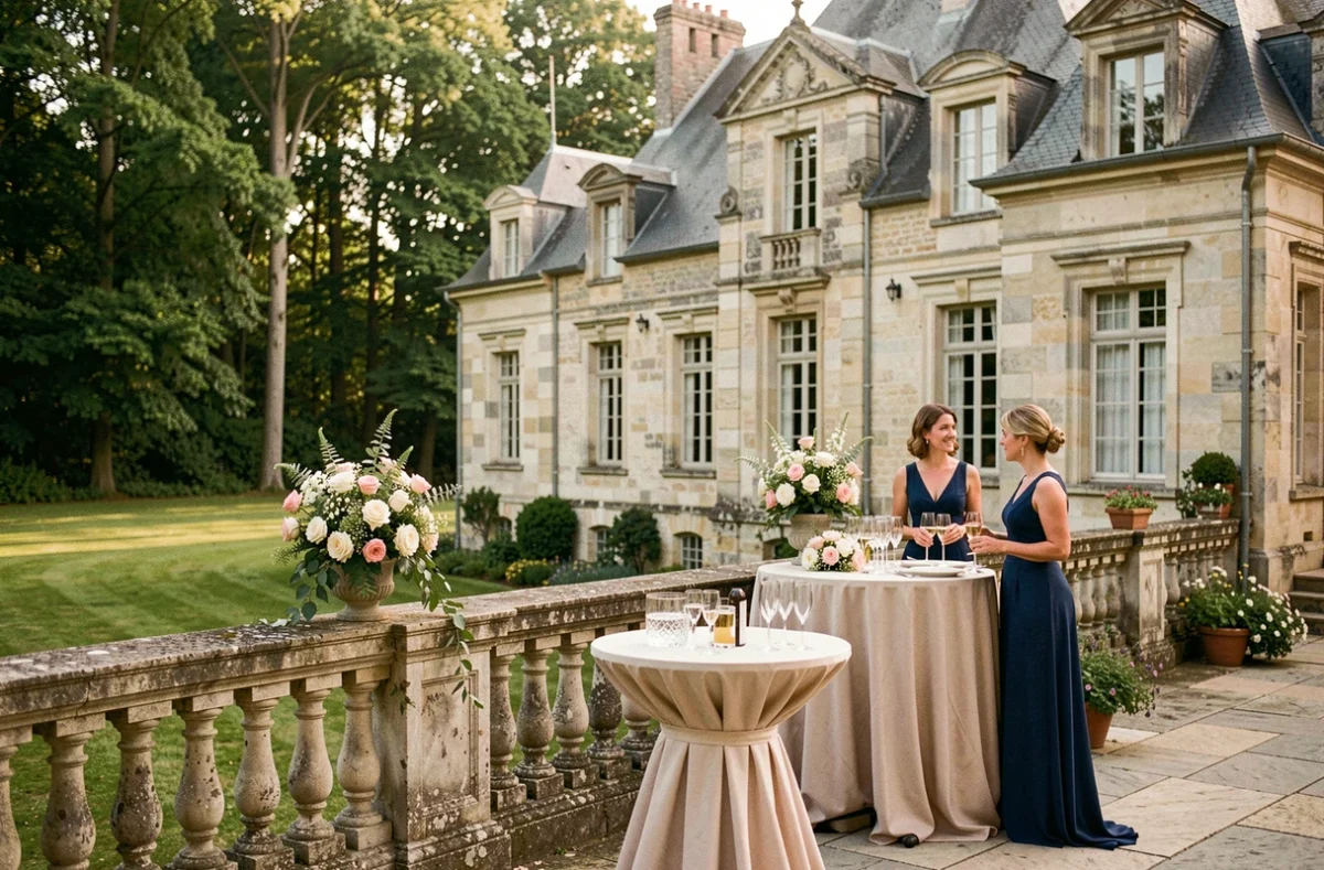 Terrasse du Domaine de Quincampoix en Val-d'Oise avec cocktail élégant et décor de manoir en pierre