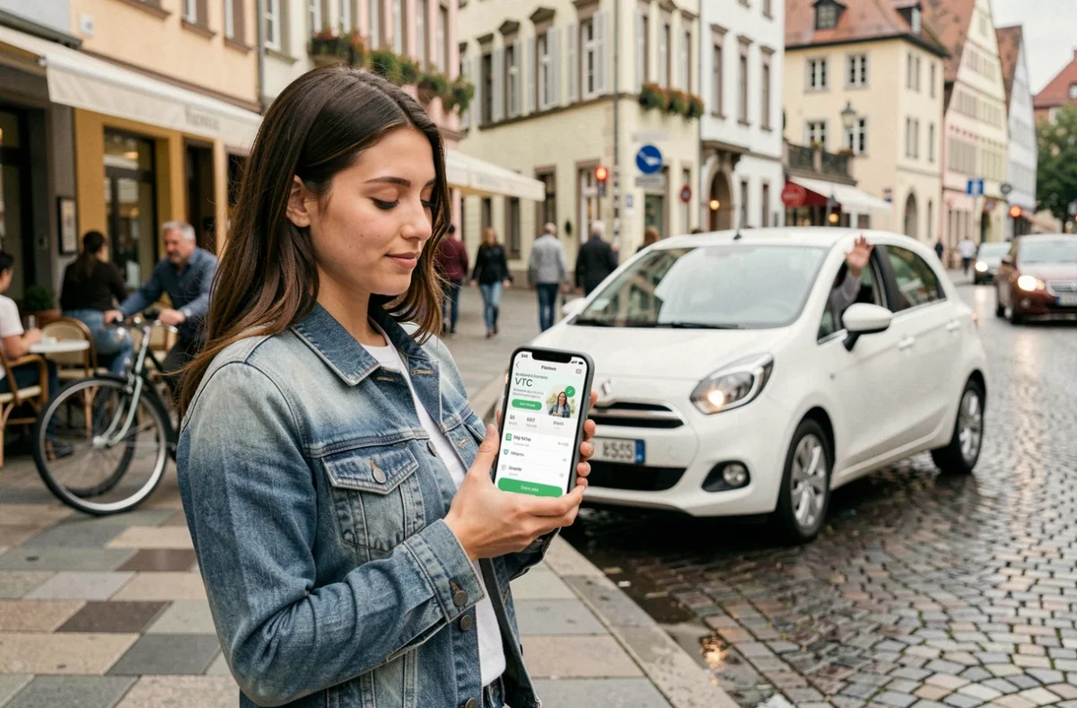 Une jeune femme consultant une application VTC sur son smartphone tandis qu'une voiture blanche s'arrête devant elle dans une rue animée de Strasbourg, illustrant l'application locale Drive Me Driver