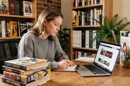 Femme lisant des mangas et consultant un site de scans en ligne, entourée de livres et de documents légaux sur un bureau en bois