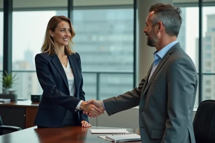 Femme en blazer navy serre la main d'un homme en costume dans un bureau