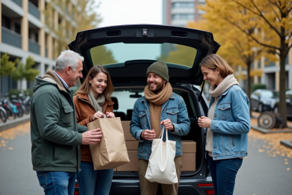 Groupe de personnes échangeant des objets dans un parking urbain