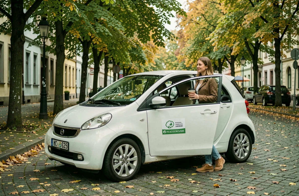 Une conductrice souriante à côté d'un véhicule hybride blanc orné d'autocollants écologiques dans une rue arborée de Strasbourg, symbolisant le service Eco VTC économique et écologique