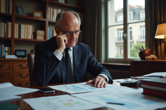 Economiste français en bureau avec documents et graphiques