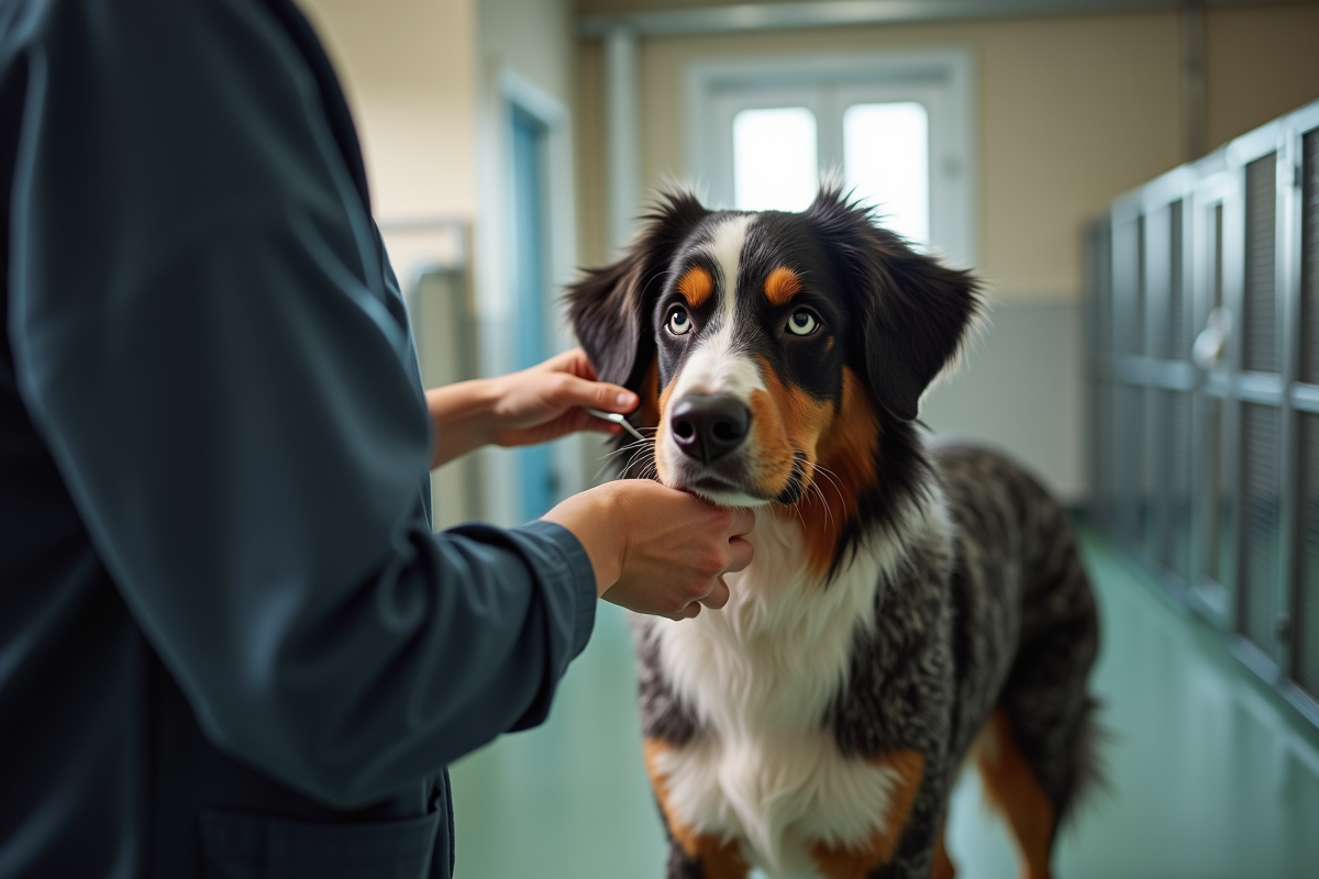 Eleveur brossant un Australian Shepherd dans un chenil propre