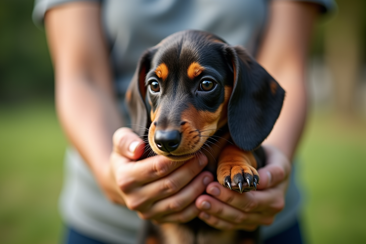Eleveur tenant un chiot merle dachshund en extérieur