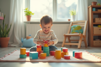 Garçon de 3 ans jouant avec blocs en bois colorés