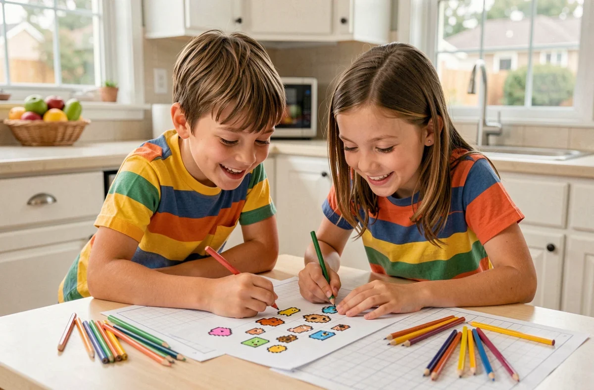Deux enfants coloriant des cases sur une grille pour créer des personnages pixel art ensemble à la maison