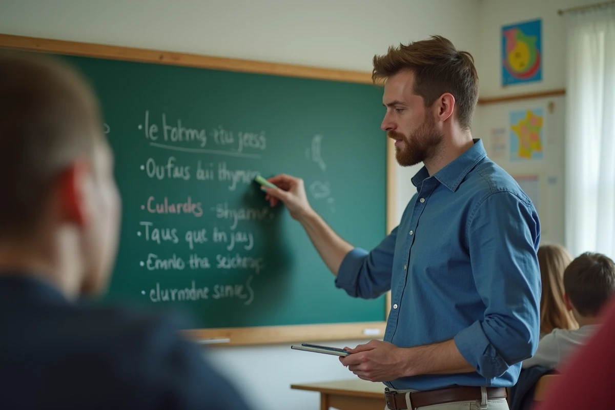Professeur corrigeant une erreur de rimes au tableau