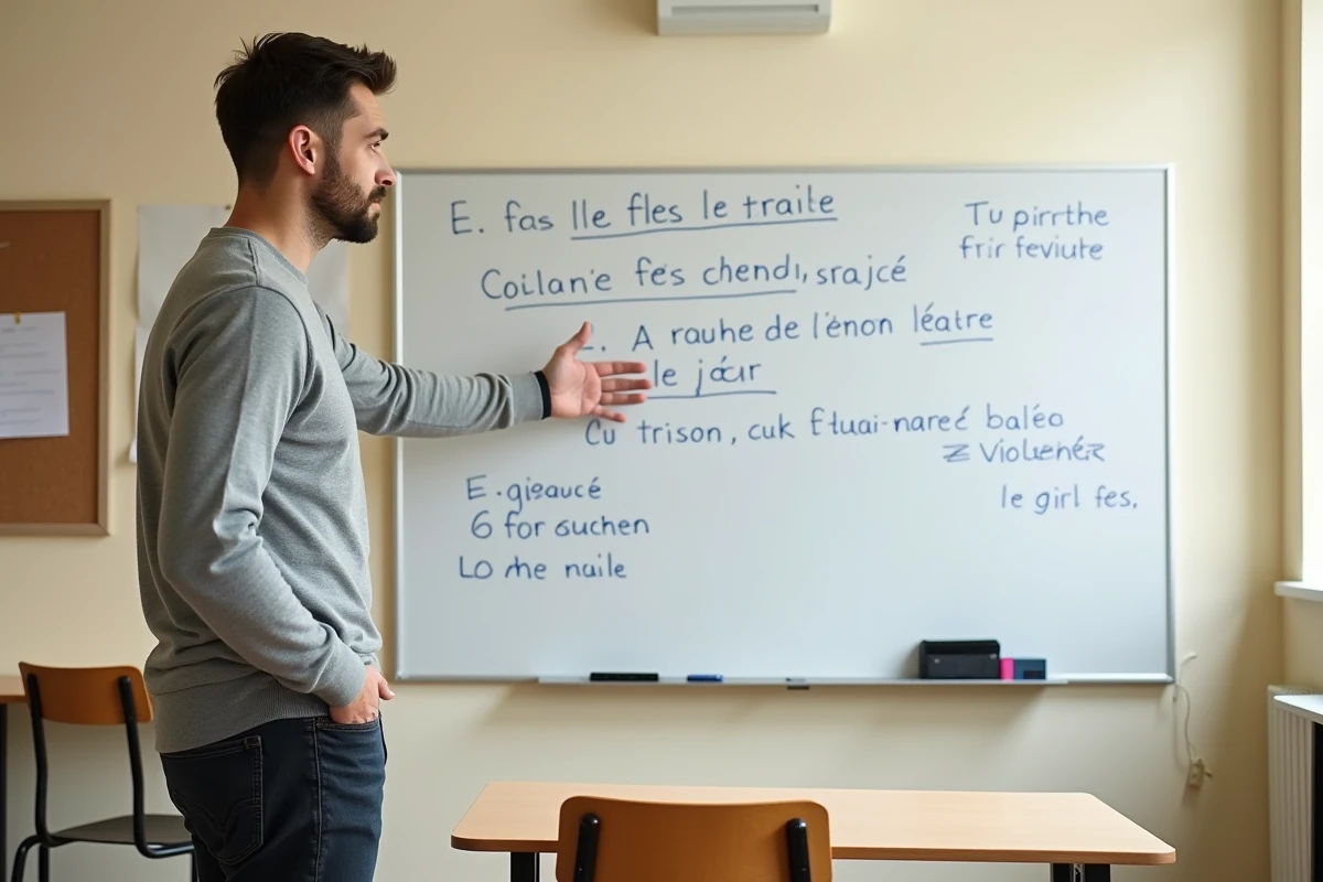 Enseignant expliquant l'usage de la locution prépositionnelle française 'au sein de' sur un tableau blanc en salle de classe