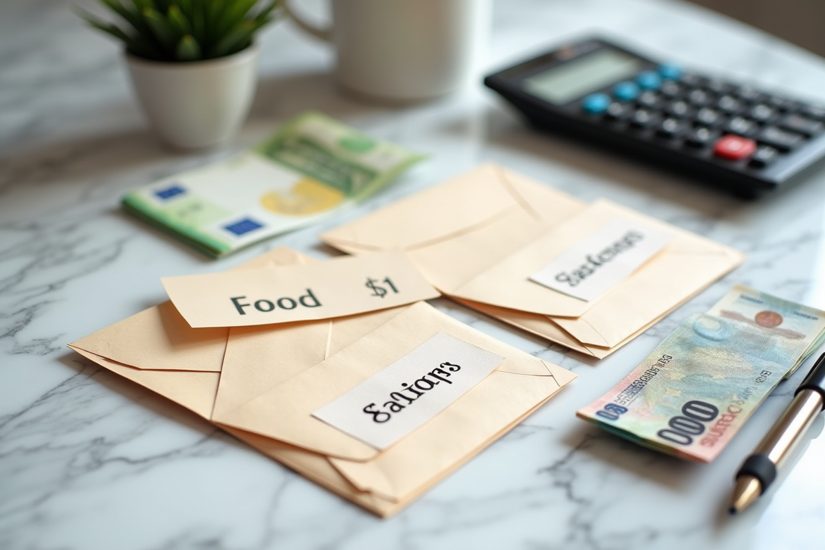 Enveloppes de dépenses avec argent et calculatrice sur marbre