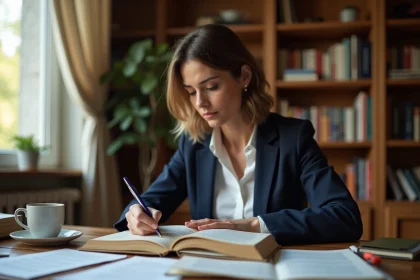 Femme étudiant la grammaire française avec des livres ouverts sur la locution 'au sein de' dans un bureau chaleureux