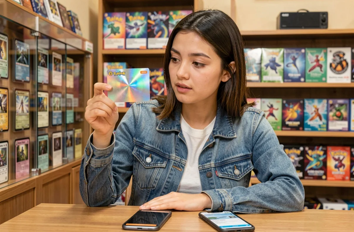 Jeune femme évaluant la cote d'une carte Pokémon holographique dans un magasin de jeux de cartes