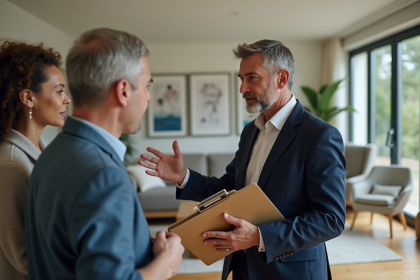 Expert immobilier discutant avec un couple dans un salon moderne