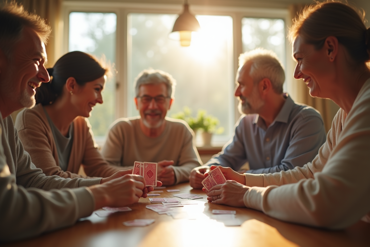 Famille multigenerale jouant aux cartes dans un salon lumineux
