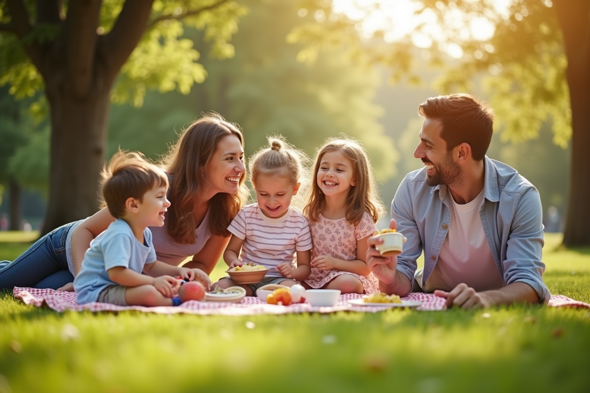 Famille profitant d un pique-nique avec bon vacances en France