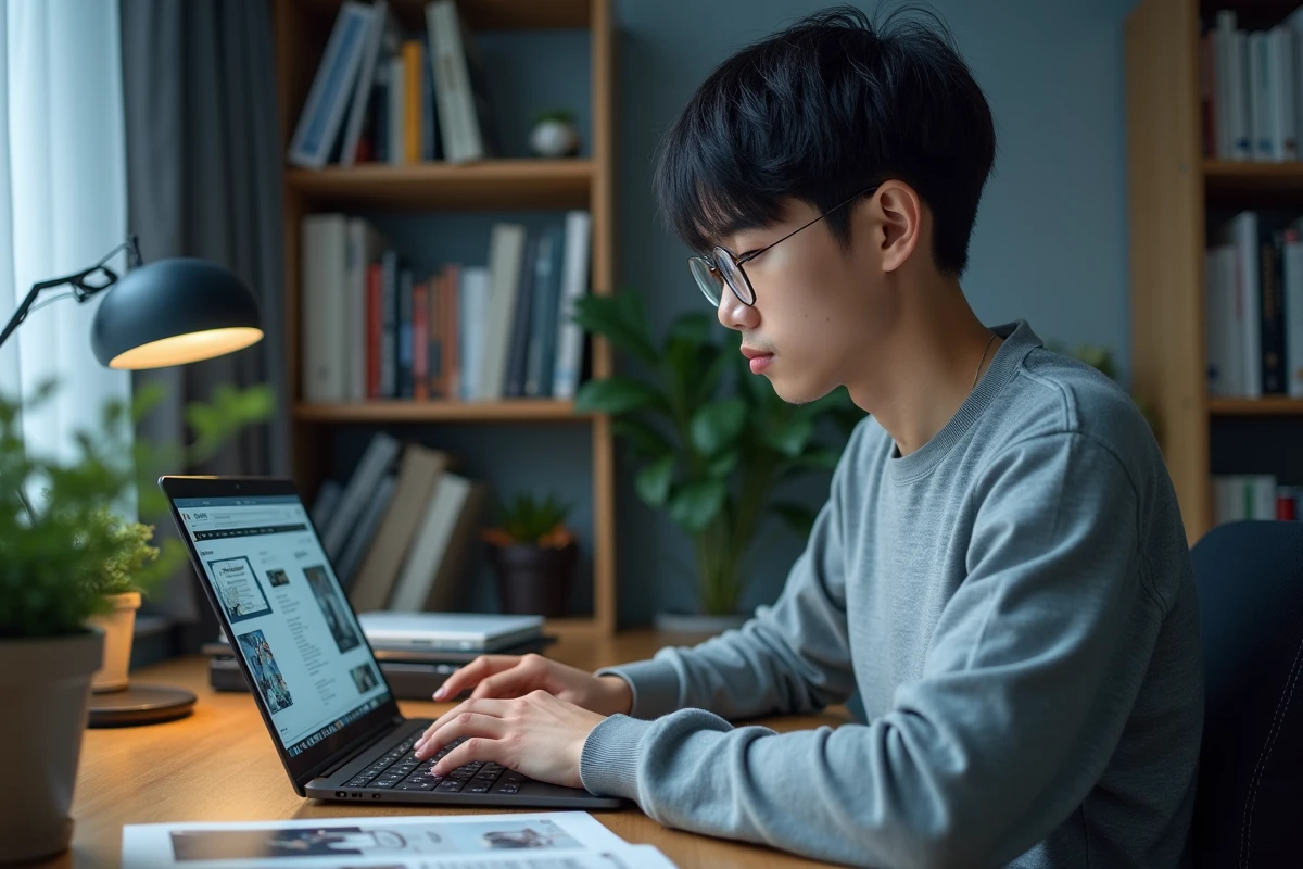 Jeune homme consultant une communauté de fans de manhwa en ligne, illustrant la popularité croissante de Just Friends en VF