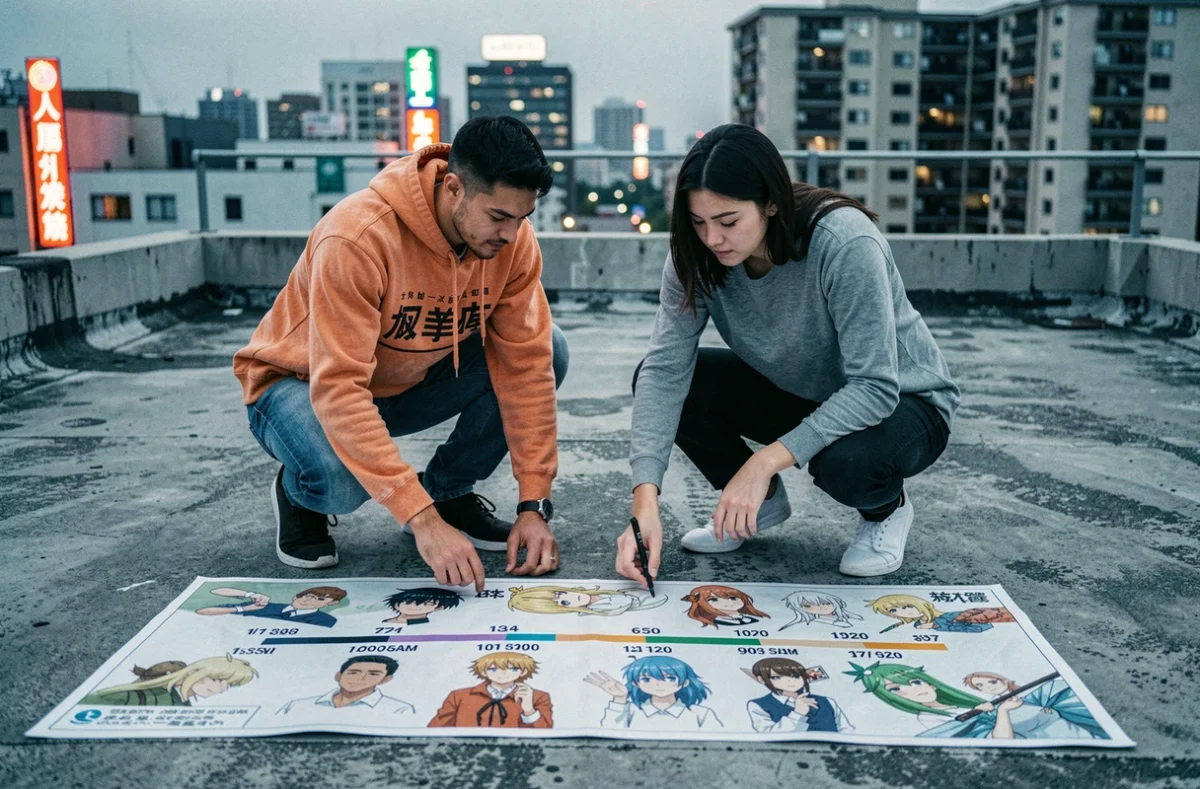 Deux fans de Dragon Ball examinant ensemble une grande chronologie illustrée des héros sur un toit urbain