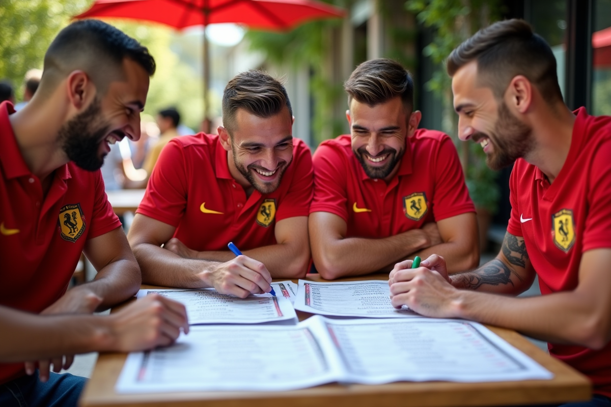 Fans du RC Lens analysant le classement au café en plein air