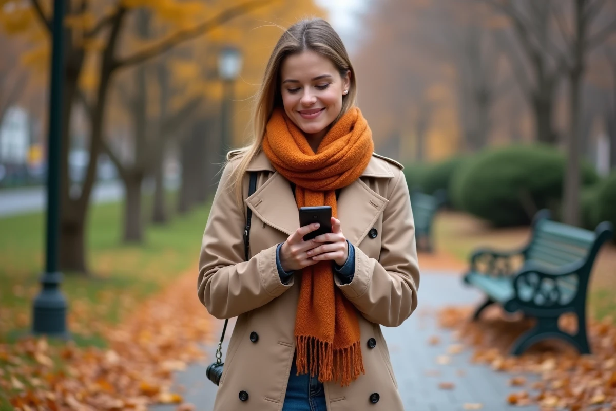 Femme amoureuse transie souriante dans un parc en automne, serrant son téléphone contre sa poitrine avec un sourire sincère et involontaire