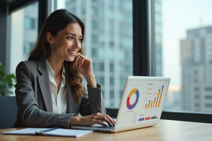 Femme en bureau analysant un graphique financier sur son ordinateur