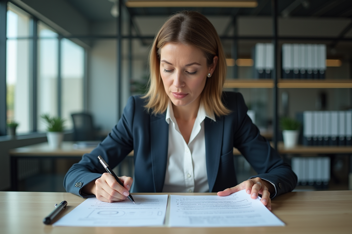 Femme d'âge moyen analysant un document technique au bureau